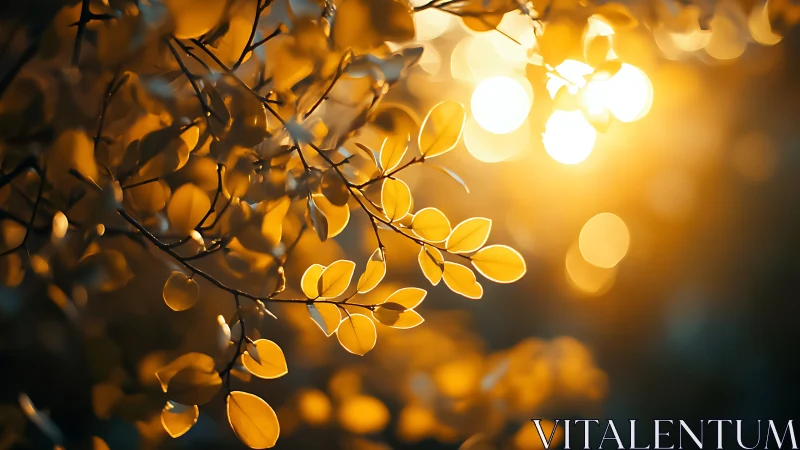 Golden autumn leaves in soft sunlight with dreamy bokeh effect.