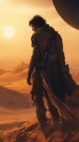 Desert wanderer in tactical cloak under harsh orange sun