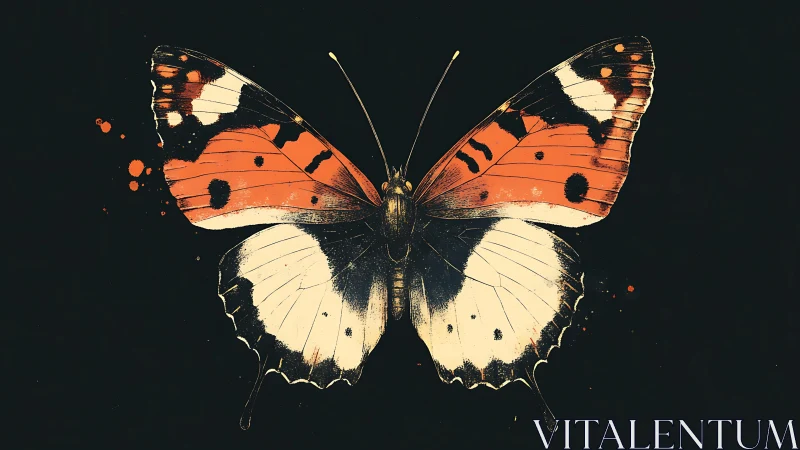 Paint-splashed monarch hovers like living ink on velvet night