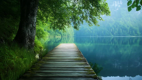 Wooden lakeside pier extending into still forest water.