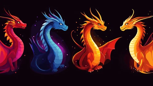 Quadruple elemental dragon lineup in saturated neon palettes