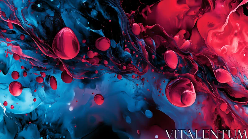 Red liquid spheres float through turbulent blue fluid field