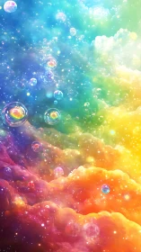 Iridescent nebula clouds with translucent soap bubbles in space