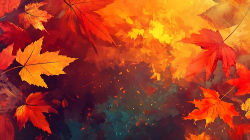 Glowing autumn maple leaves in swirling abstract lightscape.