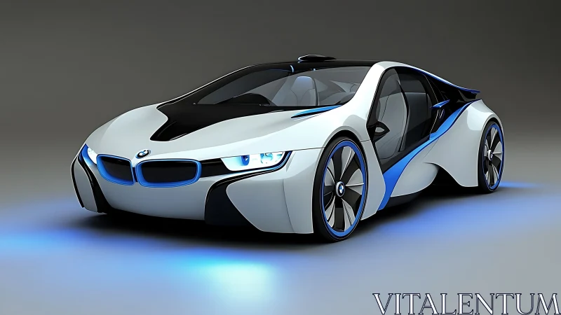 Futuristic electric coupe glowing with cool blue light.