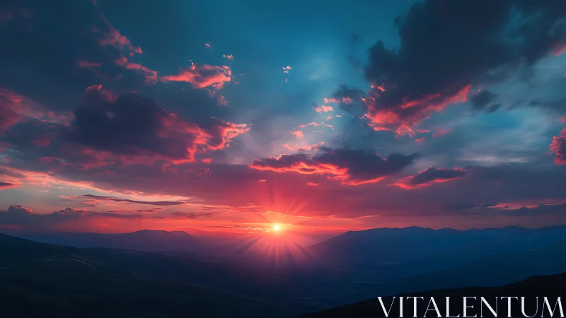 Sunset over distant mountains under vivid cloud glow.