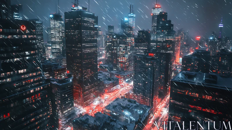 Neon-lit winter metropolis skyline under dynamic snowfall.