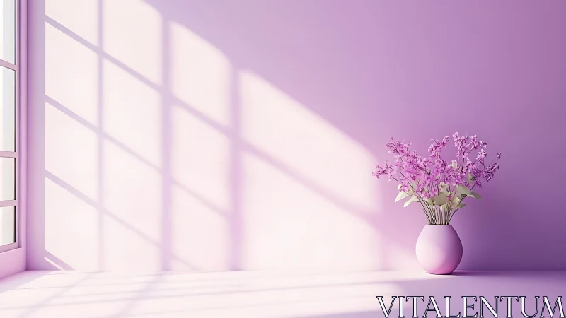 Soft daylight on lilac wall with pink floral vase arrangement