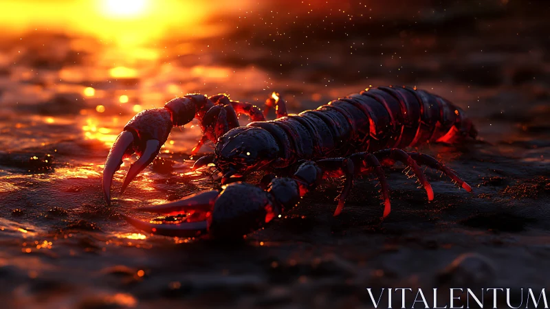 Macro-depth render of wet scorpion exoskeleton in backlit sunset
