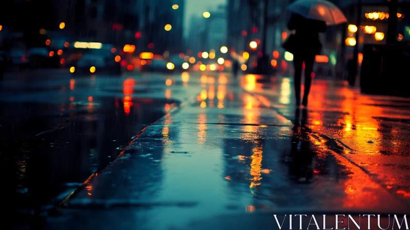 Quiet city evening glows as rain lights up the sidewalk