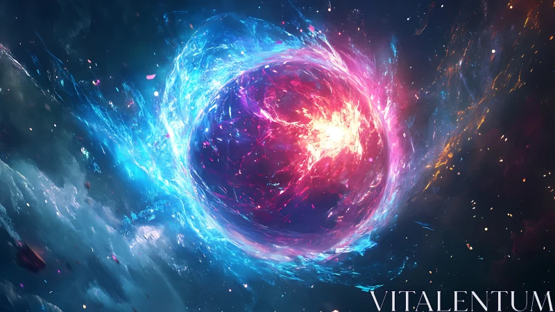 Dual-colored cosmic energy sphere in deep space environment.