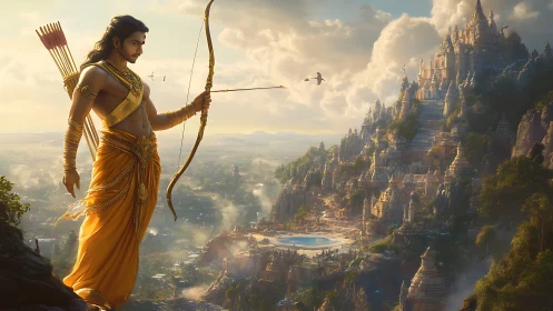 Golden archer stands guard over a sunlit mountaintop kingdom