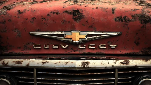 Rust-kissed Chevy emblem glows on weathered scarlet steel.