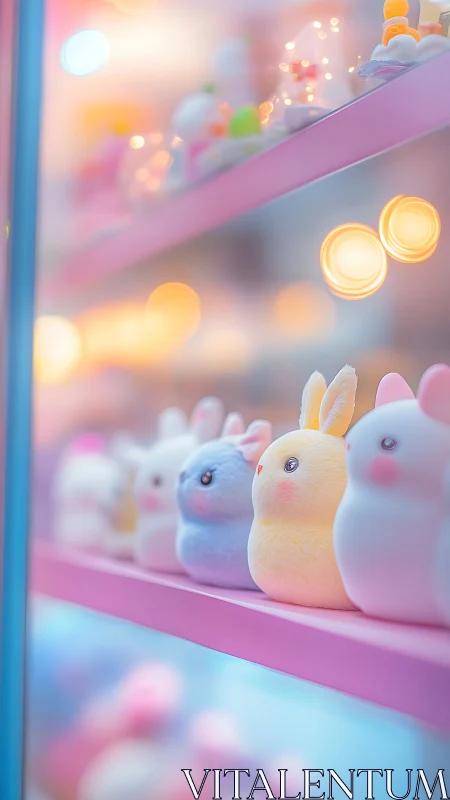Plush rabbit toys aligned on pastel shelves in soft focus.
