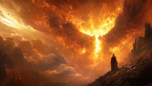 Cloaked wanderer watches colossal phoenix blaze across sky