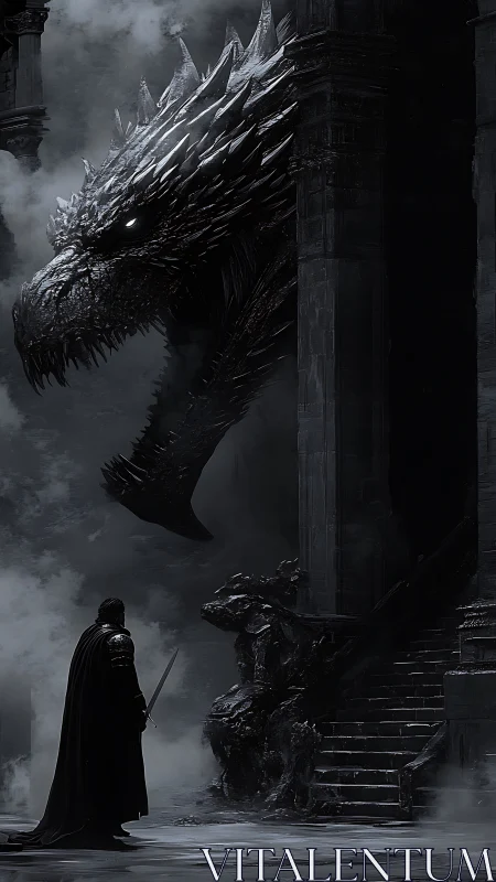 Armored warrior confronts colossal dragon in ruined hall