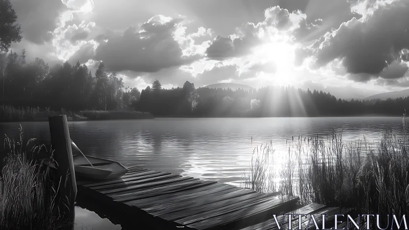 Monochrome lakeside jetty with small boat and distant forest.