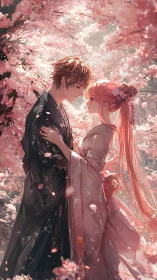 Romantic anime couple embrace under softly falling blossoms