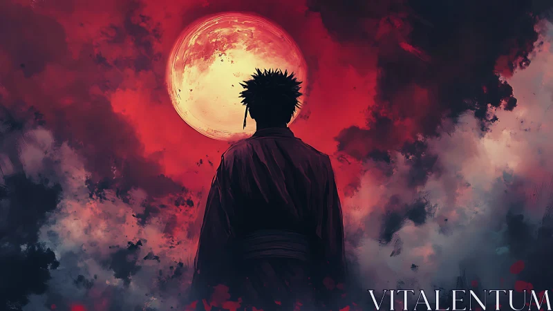 Lone wanderer gazing at a glowing red moon in stormy sky.