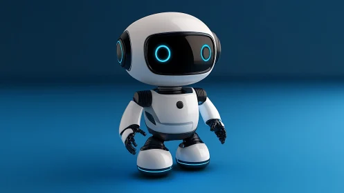 Playful mini robot character on glossy blue studio floor.