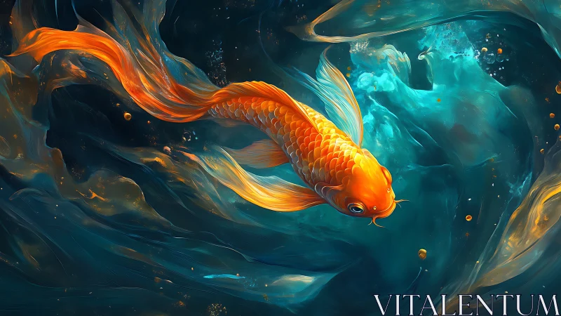 Orange koi fish in stylized swirling blue aquatic environment.