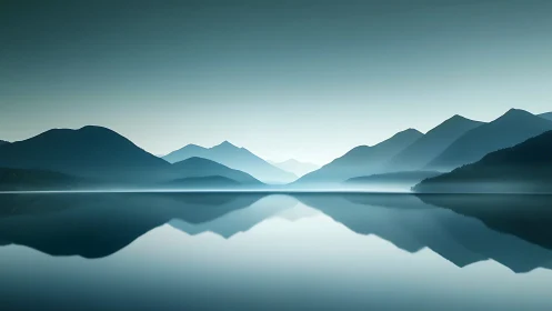 Calm blue mountains mirrored on still reflective lake.