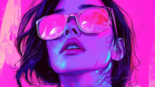Neon-lit female portrait with reflective sunglasses in magenta hues