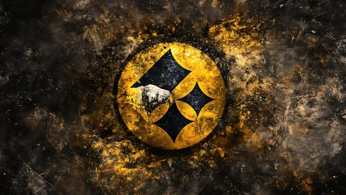 Distressed yellow emblem with angular star cutouts on grunge field.