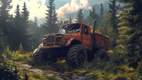 Rusted off road truck stranded on muddy forest trail.