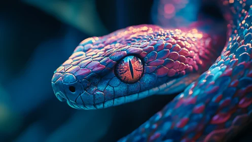 Bioluminescent-lit serpent head with macro-detailed iridescent scales