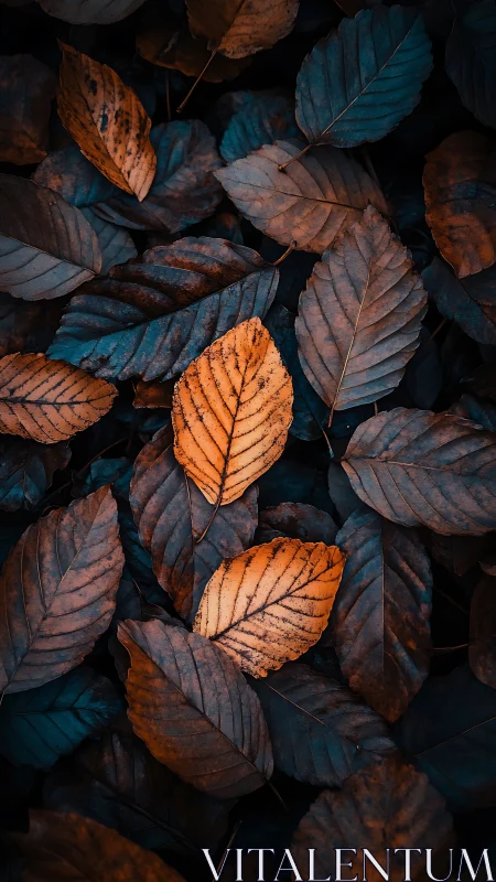 Orange and blue autumn leaves in dense overlapping pattern.