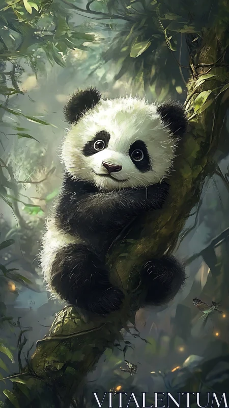 Digital painting of baby panda clinging to misty forest tree trunk.