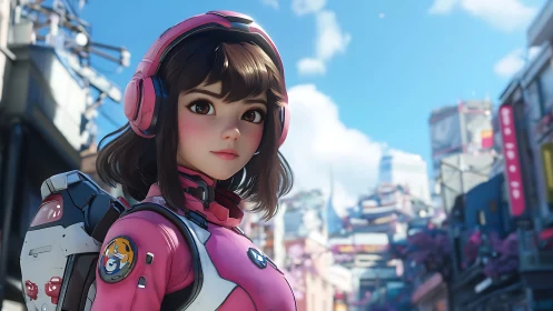 Stylized pilot portrait in high-detail sci-fi urban environment