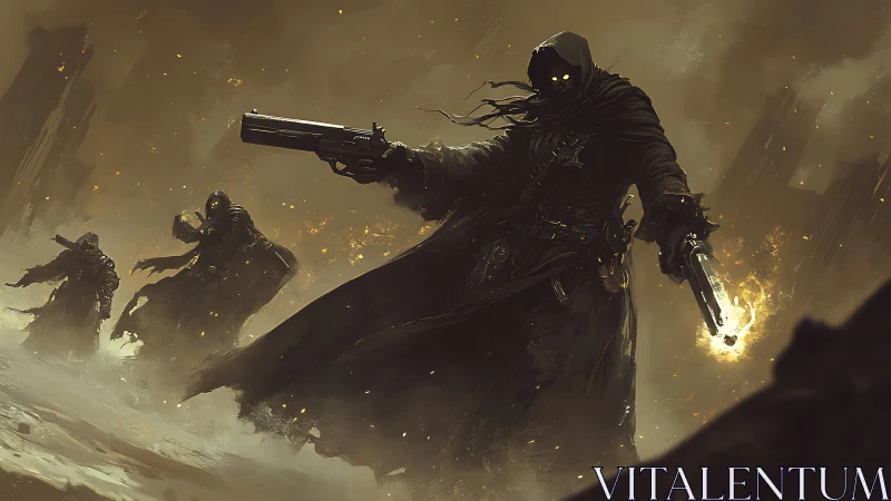 Hooded gunmen advance through smoke with firearms raised