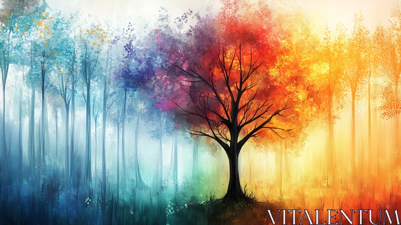 Season-splitting dreamtree holding four painted skies.