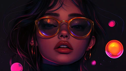 Neon-lit woman in oversized glasses gazes into glowing orbs.