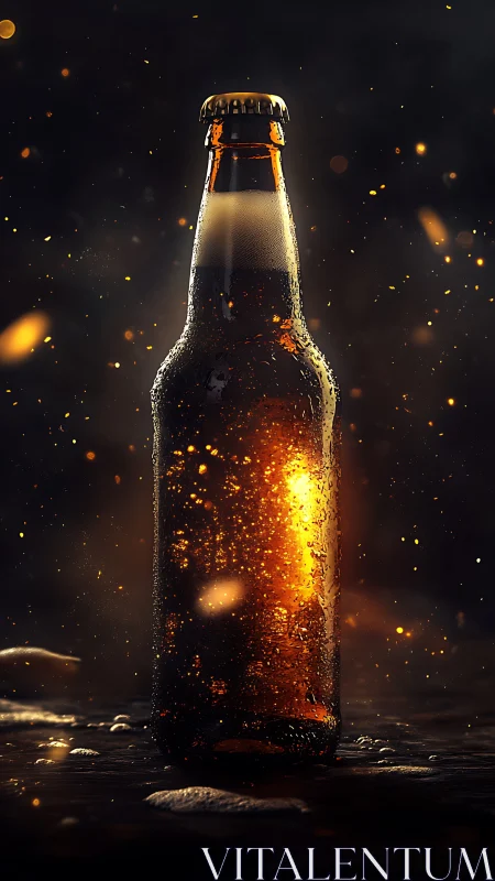 Photorealistic beer bottle with cinematic backlit condensation.