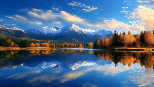Snowy mountain range reflects in calm autumn forest lake