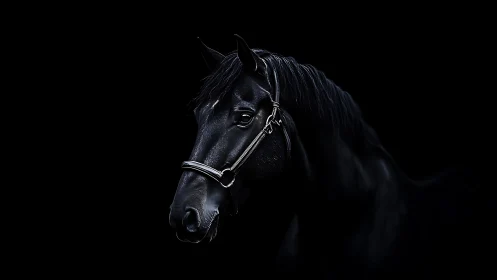 Midnight black horse stands quietly in gentle studio light