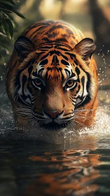 Tiger moving through shallow water with focused gaze.