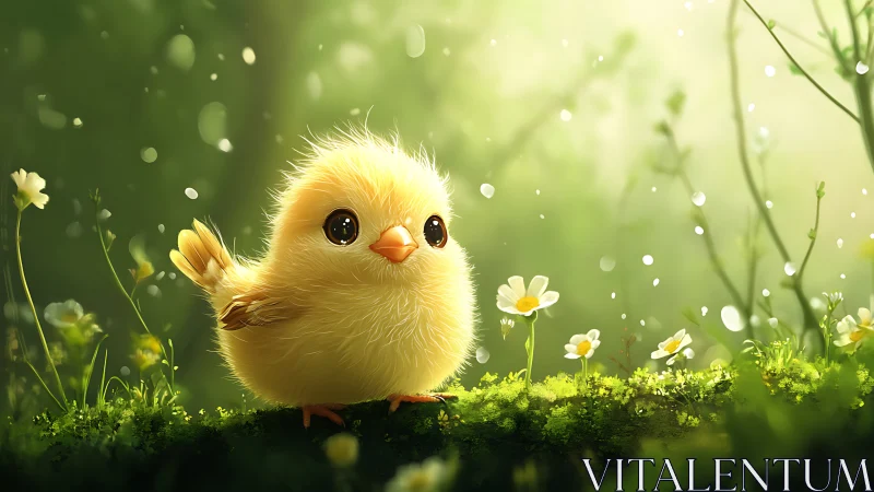 Fluffy yellow chick glows softly in an enchanted forest meadow.