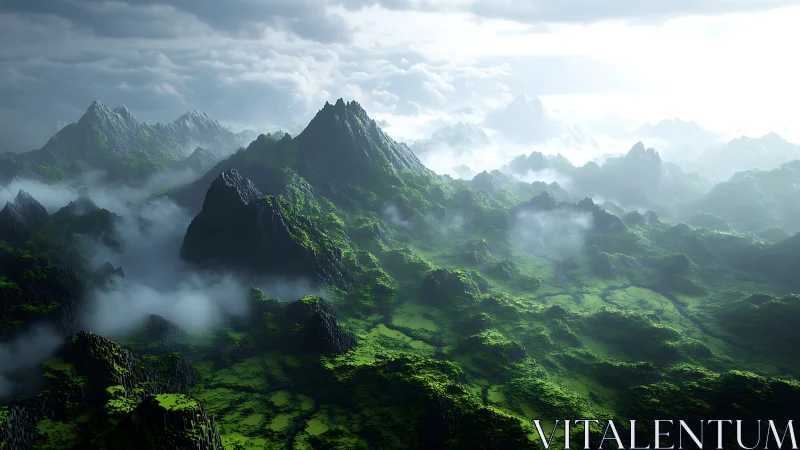 Verdant fogbound mountain range in cinematic morning light.