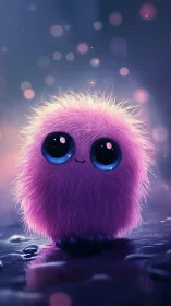 Pink furry digital creature stands on wet reflective surface