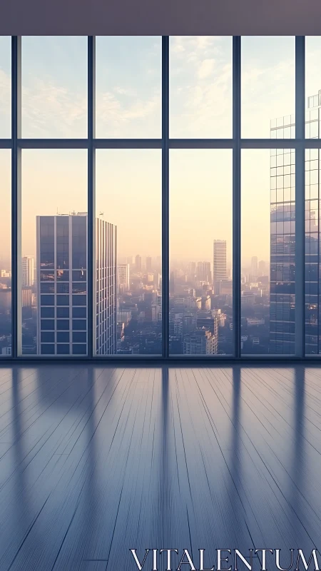 Empty high rise interior with city skyline window view.