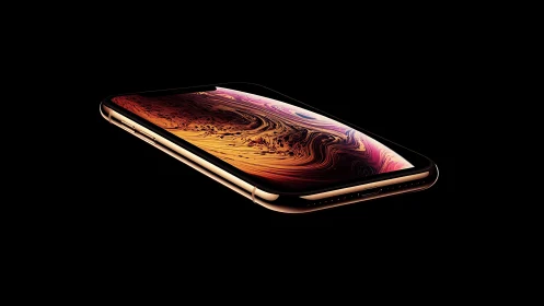 Luminous gold smartphone cradling a molten nebula screen.