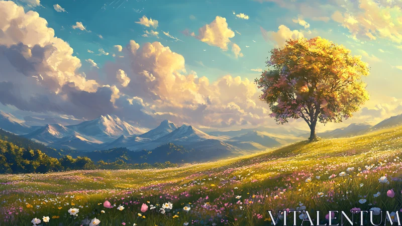 Solitary blossom tree crowns luminous alpine meadow.