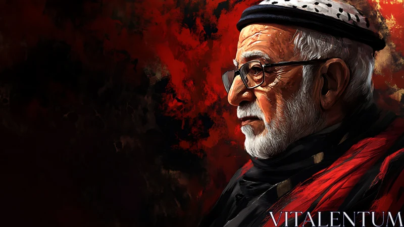 Crimson-tinged elder in contemplative digital portrait blaze.