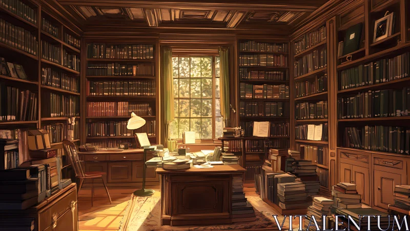 Sunlit book-lined study inviting quiet, thoughtful escape.
