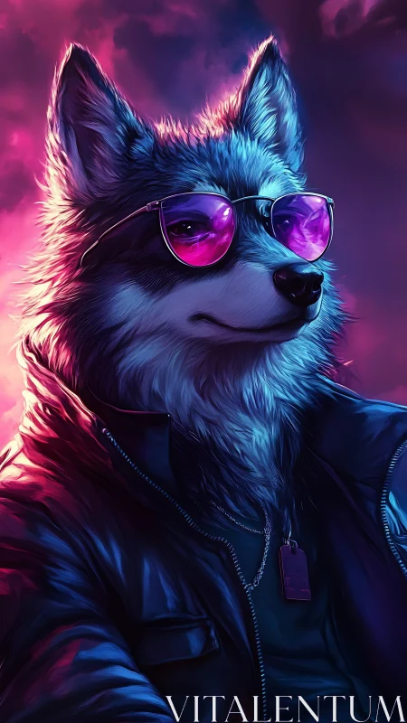 Cool cyberpunk wolf in neon jacket and mirrored shades.