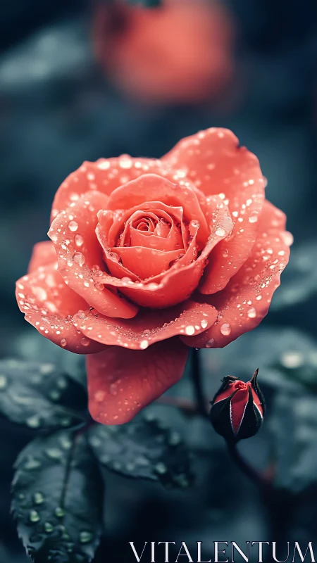Red rose with water droplets against blurred background.